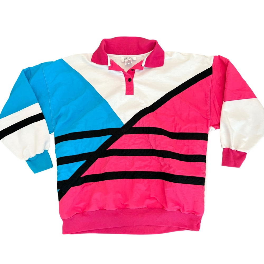 Vintage SFO San Francisco Originals 80s Colorblock Polo Sweatshirt Pink Teal 2X